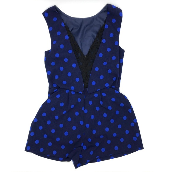 Topshop Blue Polka Dot Black Lace Romper 6 - Picture 5 of 8